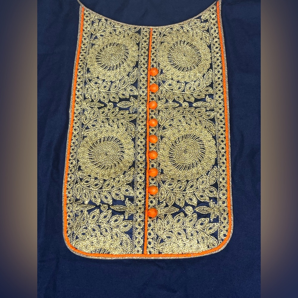 Embroidered kurta, navy blue with gold and orange embroidery, women’s sm/med - Picture 3 of 7